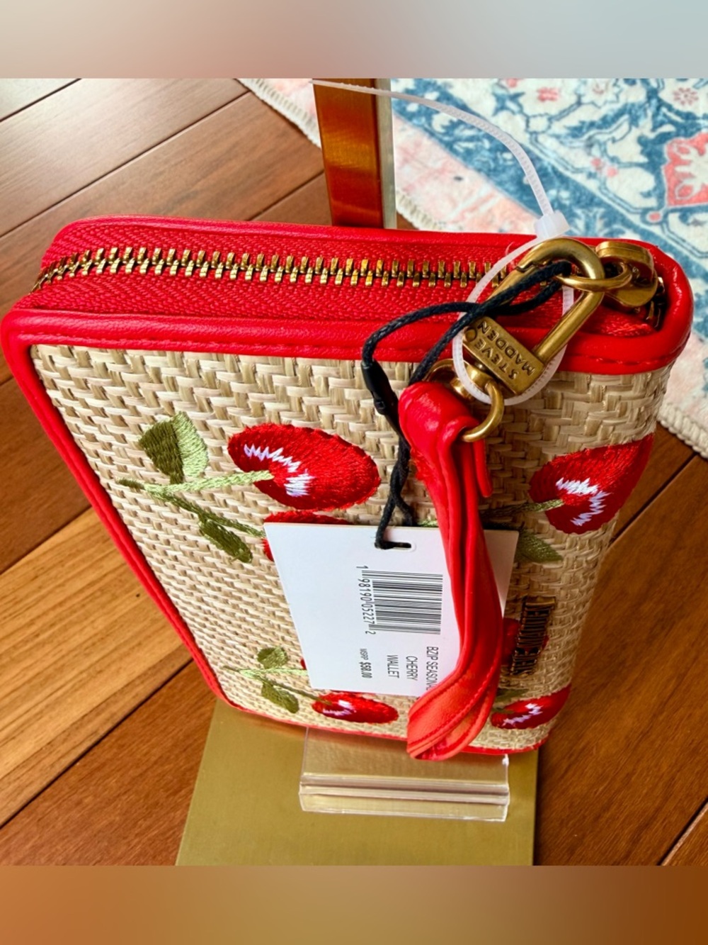 Steve Madden Straw-Textured Zip-Around Wallet Featuring Embroidered Cherries NWT - Picture 6 of 10